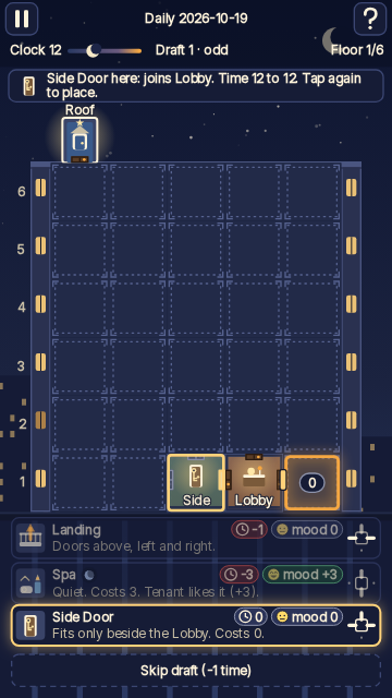 A cutaway building at night on a 5×7 grid. Three room cards wait at the bottom; the grid highlights the spots where the chosen room fits.
