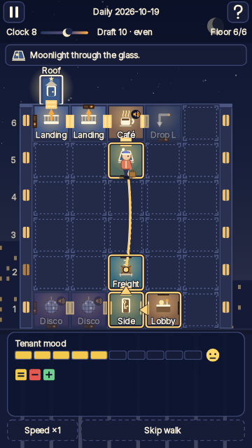 The tenant walks the player’s route from the lobby to the roof door, with a reaction bubble over one room.